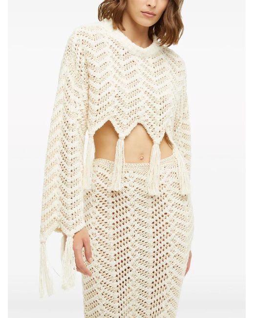 Alanui White Chevron Knit Fringed Cropped Jumper