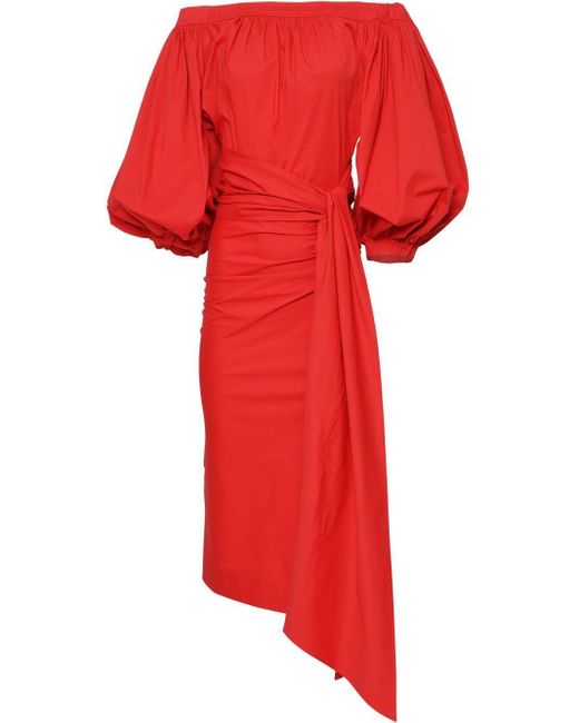 Carolina Herrera Cotton Off-shoulder Puff-sleeve Dress in Red | Lyst