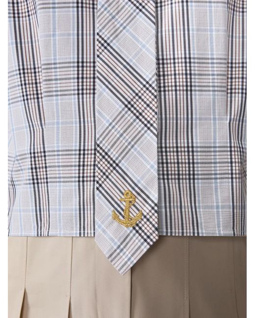 Thom Browne Blue Plaid Check Poplin Tie Collar Blouse
