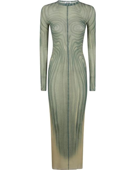 Jean Paul Gaultier Green Mesh Long Dress Printed "Spiral" With Gathers