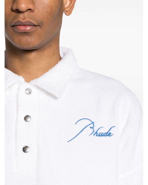 Rhude White Logo Embroidered Terry Cloth Polo Shirt - Men's - Cotton for men