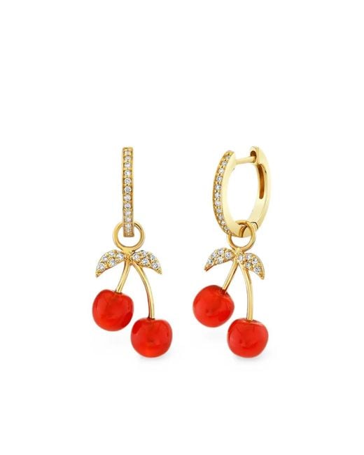 Sydney Evan White Cherry-Motif Diamond Hoop Earrings
