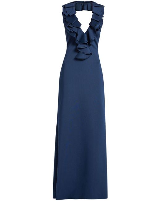 Badgley Mischka Blue Ruffle-trim Halterneck Gown