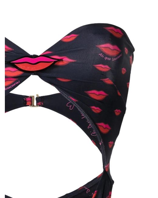 Amir Slama Blue Lip-Print Cut-Out Swimsuit