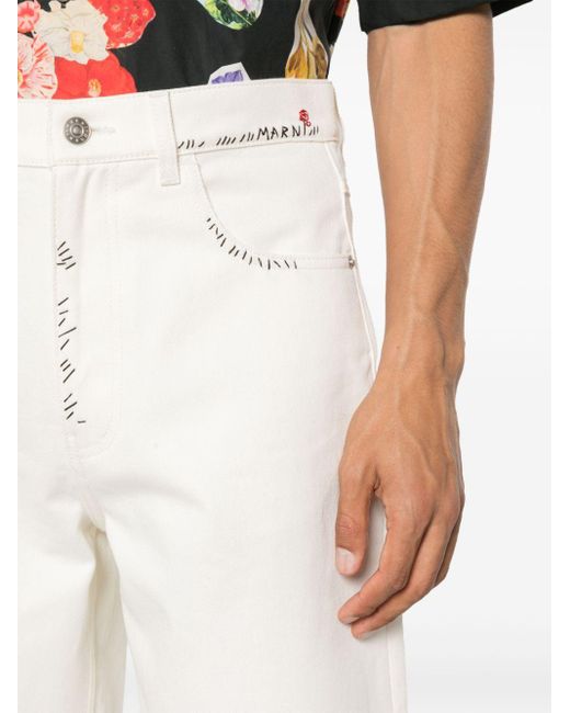 Marni White Logo-embroidered Denim Shorts for men