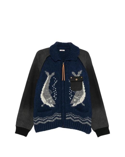 KHOKI Blue Intarsia-Knit Panelled Cardigan for men