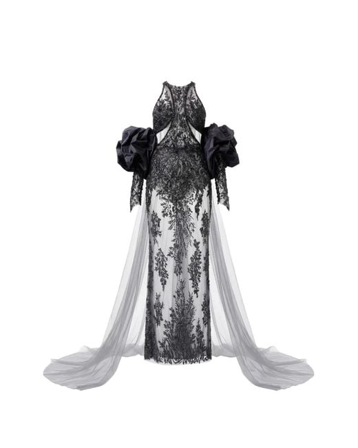 Gatti Nolli by Marwan Gray Bead-Embellished Ruffled-Sleeve Gown