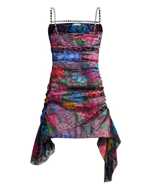 Area Mini-Jurk Verfraaid Met Kristallen En Bloemen in het Blue