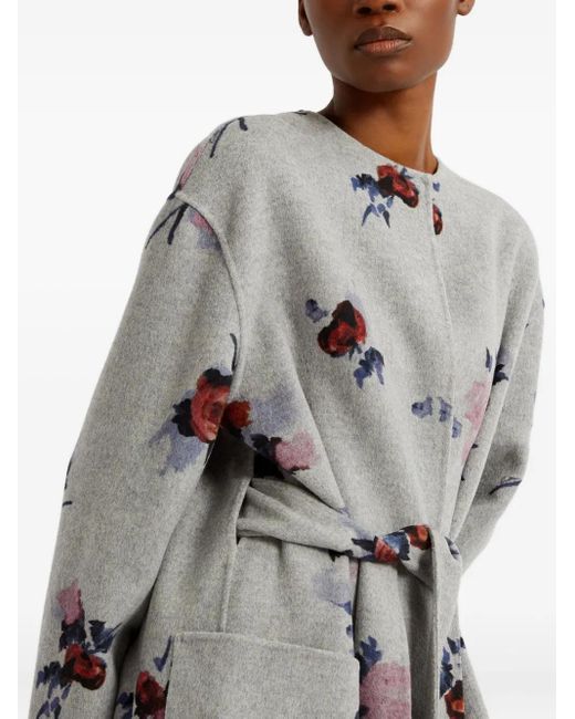 Erdem Wollen Jas Met Bloemenprint En Ceintuur in het Gray