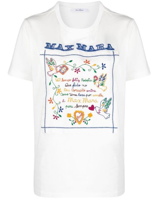 Max Mara White T-Shirt mit Slogan-Stickerei