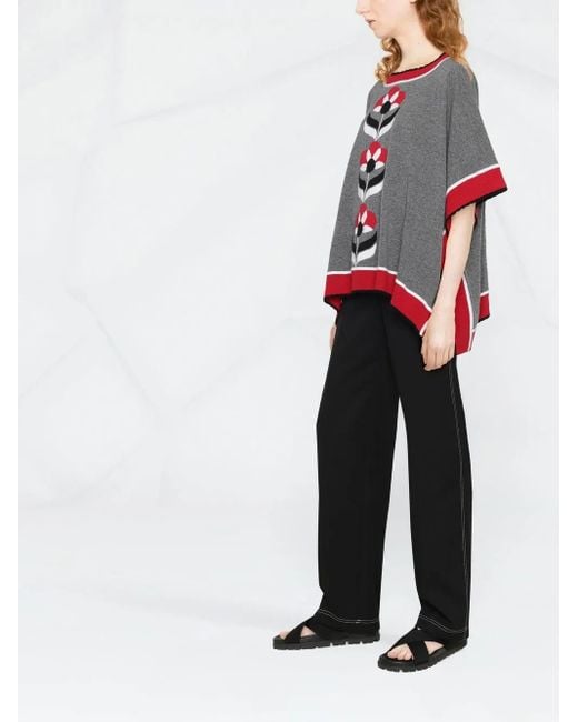Boutique Moschino Gray Intarsia-Knit Floral Poncho Top