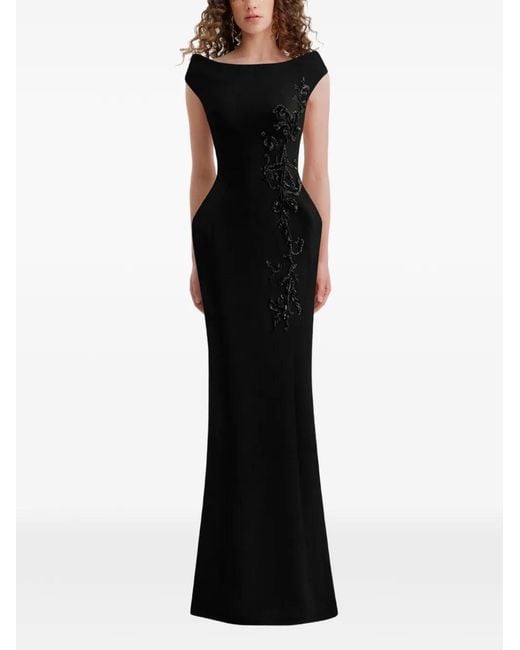 Gemy Maalouf Black Bead-Embellished Floral-Motif Dress