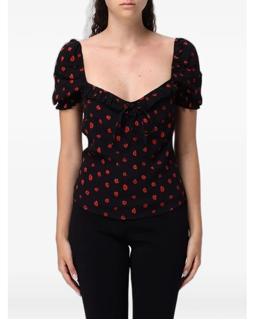 Mar De Margaritas Black Floral-Print Ruffled Blouse