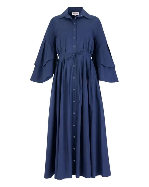 Rosie Assoulin Blue Fiesta Ruffled Shirt Midi Dress