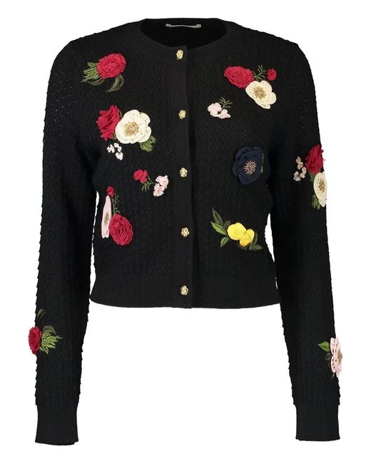 Alice + Olivia Black Dollie Floral Crewneck Cardigan