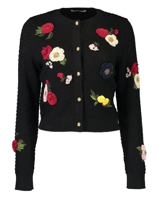 Alice + Olivia Black Dollie Floral-Appliqué Cardigan