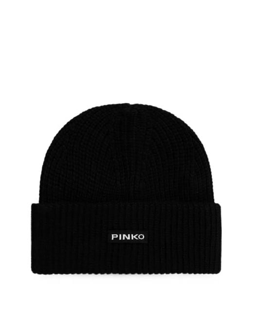 Pinko Black Gerippte Beanie Mit Logo-Patch