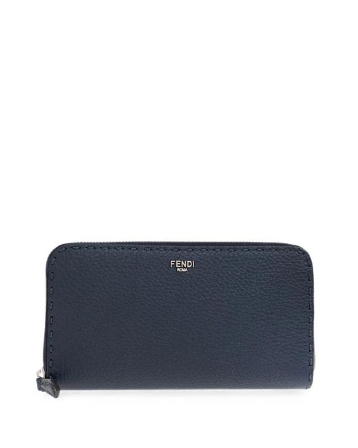 Fendi Blue Selleria Zip-Around Pebbled Wallet for men