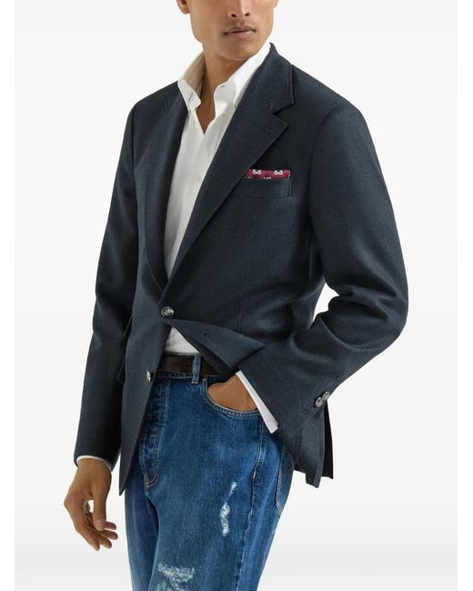 Brunello Cucinelli Blue Mouliné Virgin-Wool Twill Deconstructed Cavallo Blazer With Metal Buttons for men