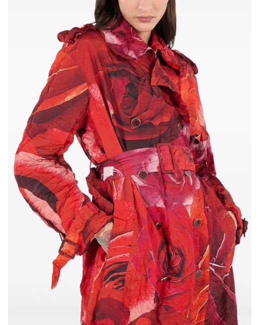 Roberto Cavalli Red Rose-Print Trench Coat
