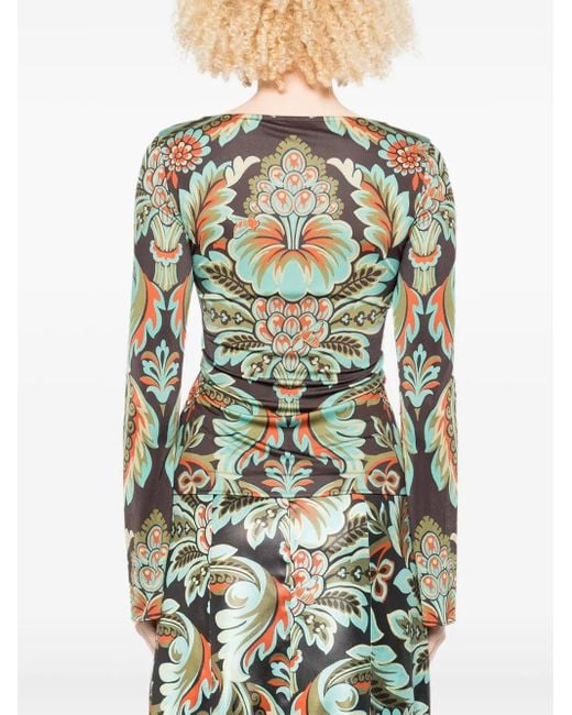 Etro Green Floral-Print Bell-Sleeve T-Shirt