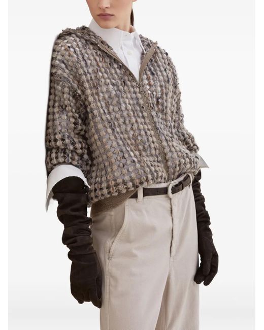 Brunello Cucinelli Brown Balloon Sequin-Embellished Zip-Up Cardigan
