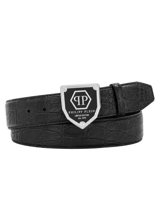Philipp Plein Black Leather Belt Cocco Hexagon for men
