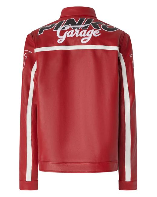 Pinko Red Logo Patch Leather Jacket