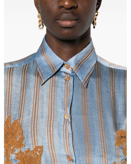 Ermanno Scervino Floral-embroidered Silk Shirt in het Blue