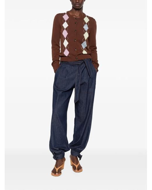Ganni Brown Argyle-Pattern Button-Up Cardigan