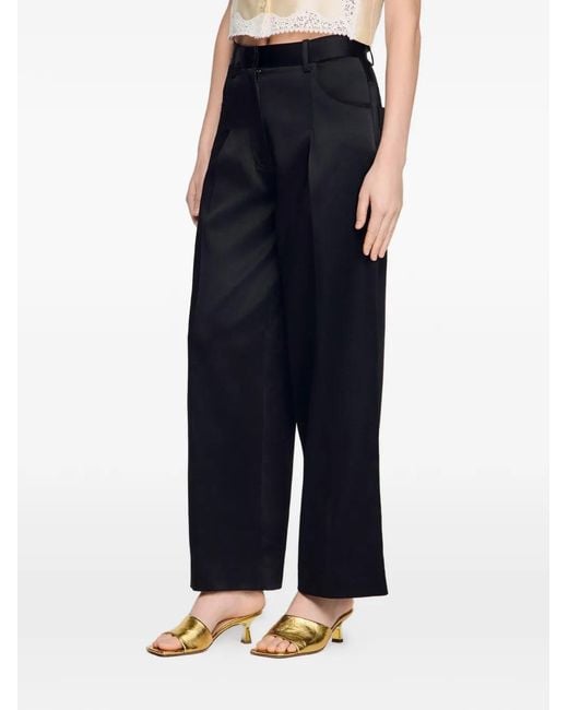 Sandro Black Satin-Effect Wide-Leg Trousers