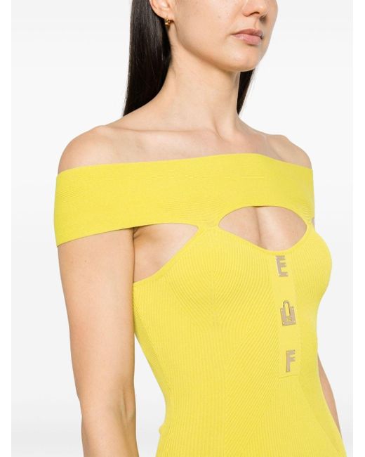 Elisabetta Franchi Yellow Off-Shoulder Ribbed Mini Dress