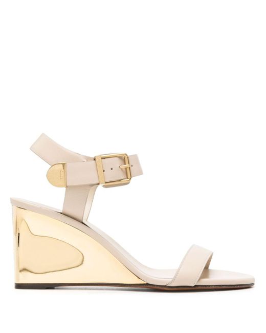 Chloé 70mm Rebecca Leather Wedge Sandals in het Natural