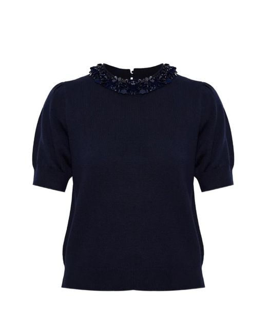 Ulla Johnson Blue Sequin-Embellished Puff-Sleeve T-Shirt
