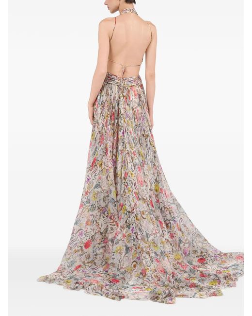 Roberto Cavalli Natural Floral-Print Halterneck Maxi Dress