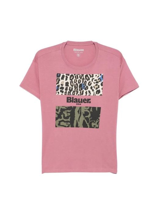 Blauer Pink Logo-Print Leopard-Pattern T-Shirt