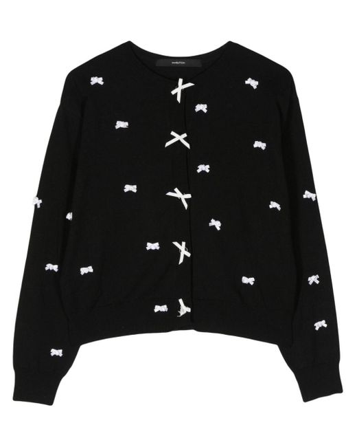 Pushbutton Black Bow-appliqué Knitted Cardigan