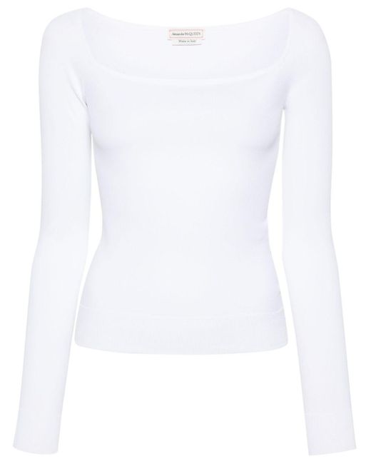 Alexander McQueen White Square-Neck Fine-Knit Top