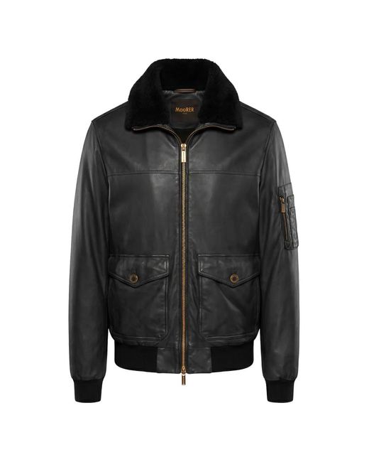Moorer Black Shearling-Collar Leather Bomber Jacket for men