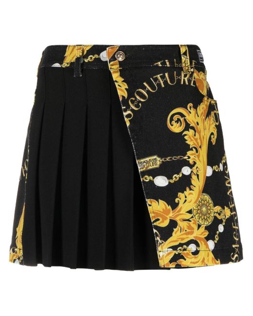 Versace Black Logo Couture Pleated Denim Skirt