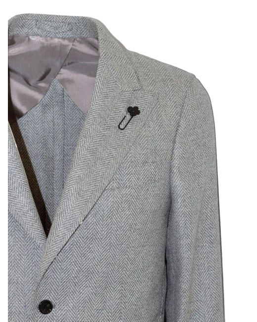 Lardini Blue Herringbone Brooch-Detail Blazer for men
