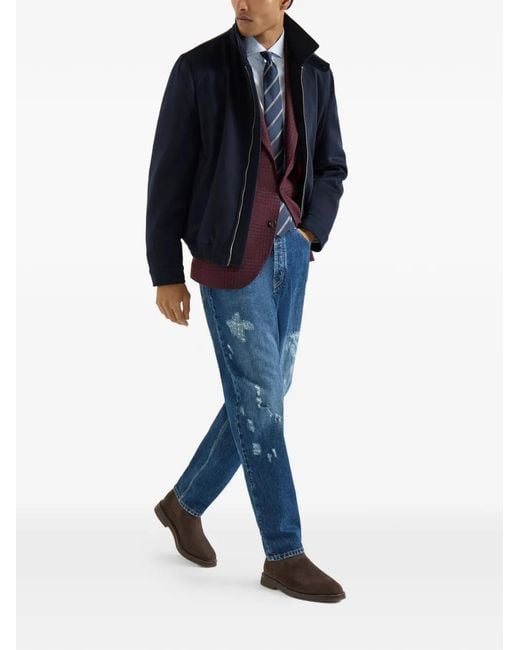 Brunello Cucinelli Blue Veste Bomber En Laine Vierge À Fermeture Zippée for men