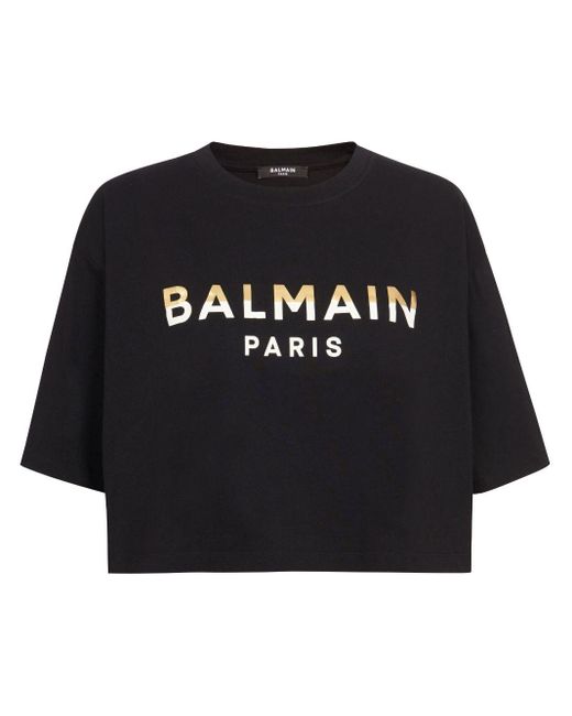Balmain Black Cropped-T-Shirt mit Logo-Print