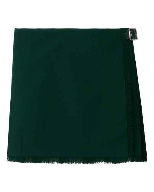 Burberry Green Frayed-Edge Wool Pleated Skirt