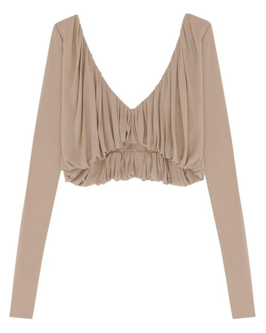 Saint Laurent Natural Pleated Cropped Blouse