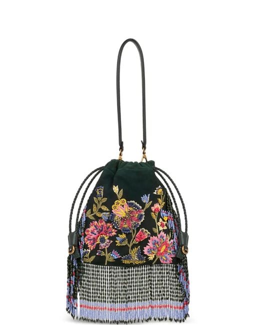 Etro Green Small Suede Kalispera Bag With Floral Embroidery And Beads