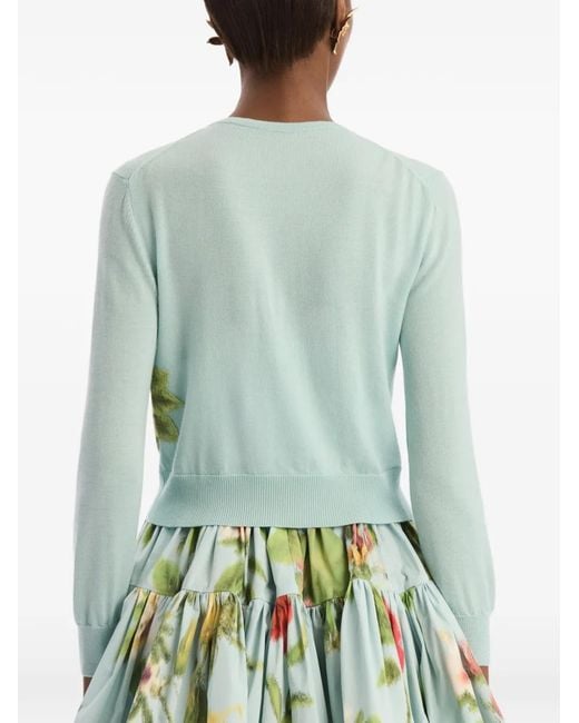 Oscar de la Renta Blue Chiné Dominican Mixed-Floral Threadwork Cardigan