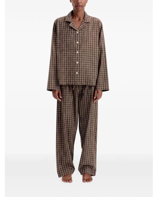 Tekla Brown Check-Print Cotton Pajamas