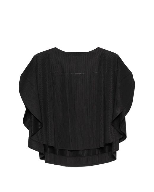 Pleats Please Issey Miyake Black Pleated Cape-Sleeve T-Shirt