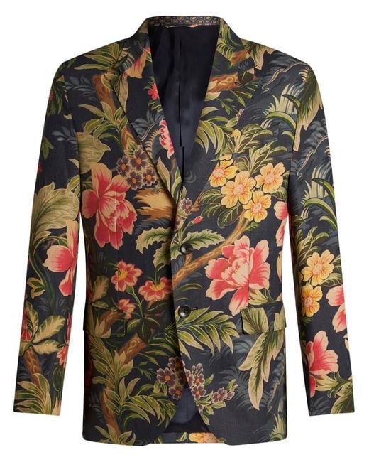 Etro Blue Floral-Print Single-Breasted Blazer for men
